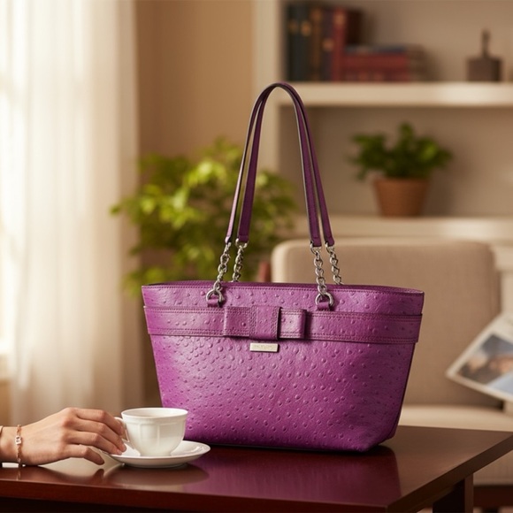 kate spade Handbags - Kate Spade Rose Avenue Embossed Ostrich Leather Bow Tote Bag Baja Rose Purple